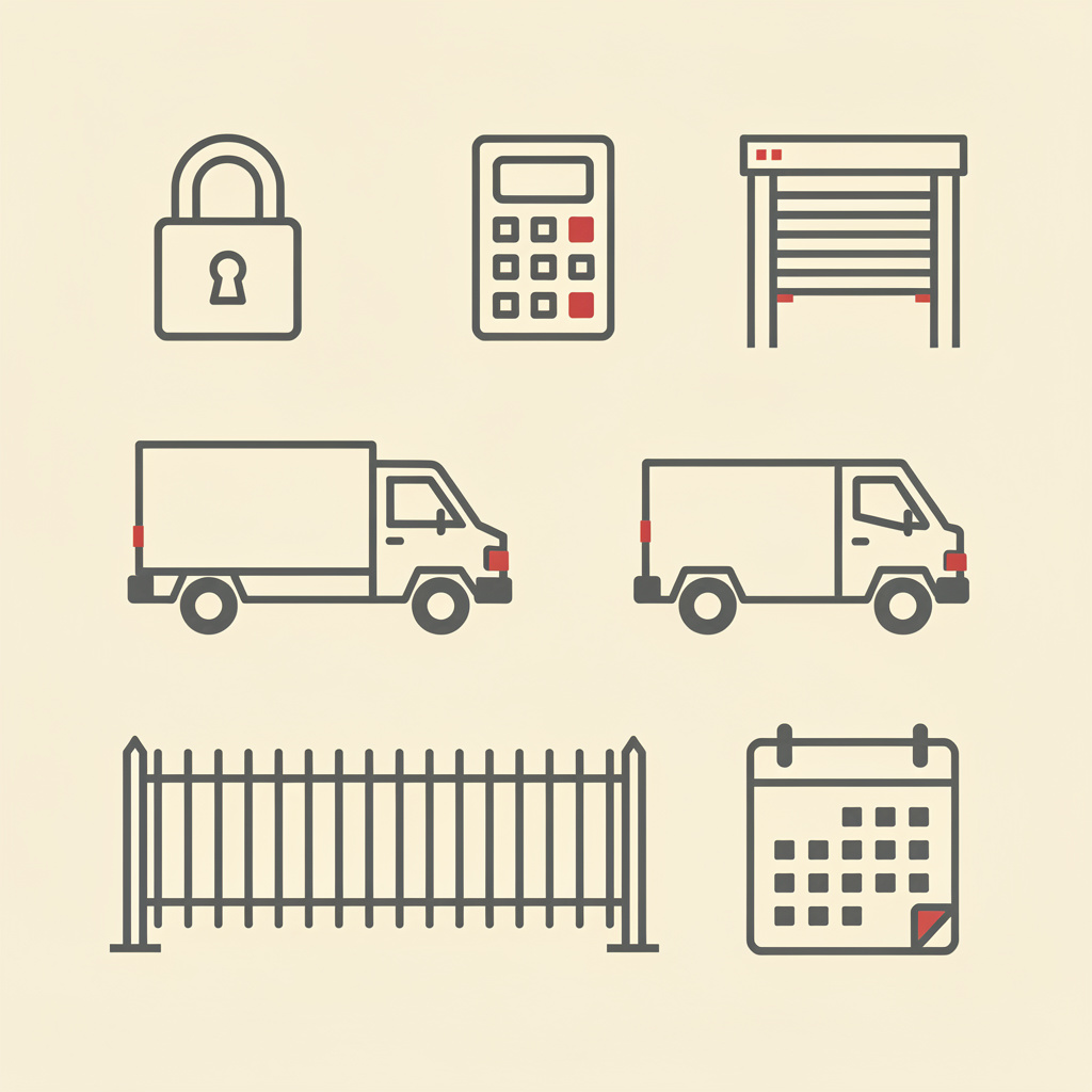Icons: padlock, keypad, roller door, delivery van, fence, calendar